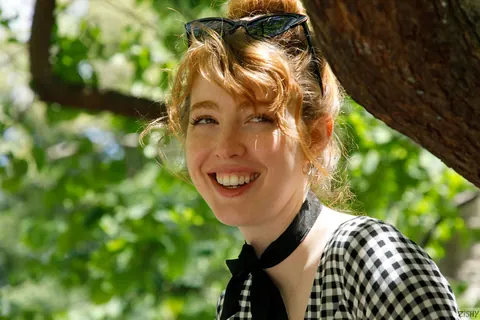 Erna Ohara: Redhead in Glasses Flashes Her Chest and Ass Outdoors – photo 5 of 12