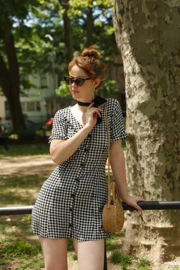 Erna Ohara – Redhead in Glasses Flashes Her Chest and Ass Outdoors