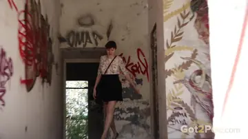 Short-Haired Woman in Stockings Squats to Piss Outdoors