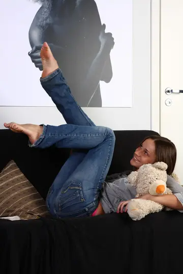 Irina Bruni – Brunette in Jeans Strips and Shows Her Shaved Pussy