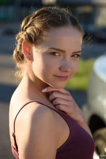 Faina Bona – European Blonde with Big Tits Pulls Panties Aside in the Car