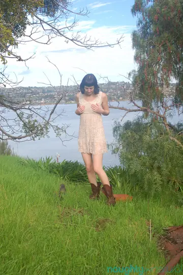Coral Aorta – Pale Skinny Brunette with Hairy Pussy Fingers Herself Outdoors