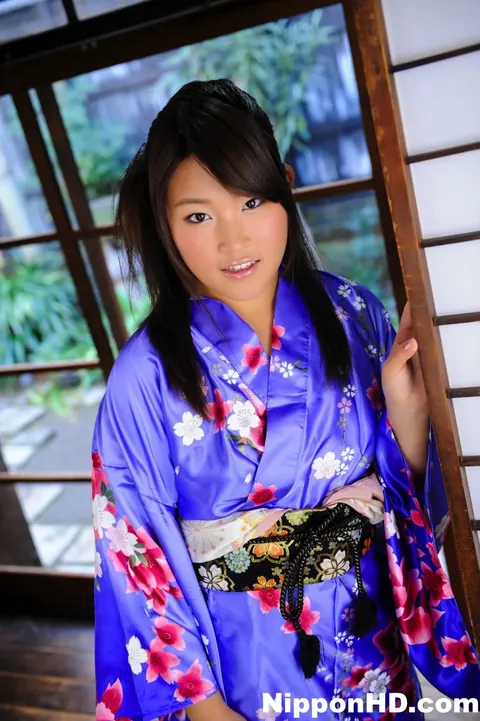 Japanese Brunette Opens Her Kimono and Stands Nude – photo 1 of 12