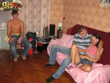 Slim European in Panties Sucks and Rides in Cuckold Threesome