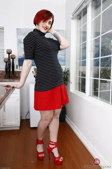 Thick Redhead in Panties and Heels Spreads Her Hairy Pussy