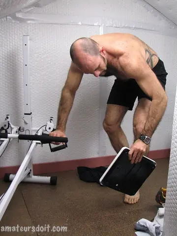 Hairy Mature Man Strips and Spreads at the Gym