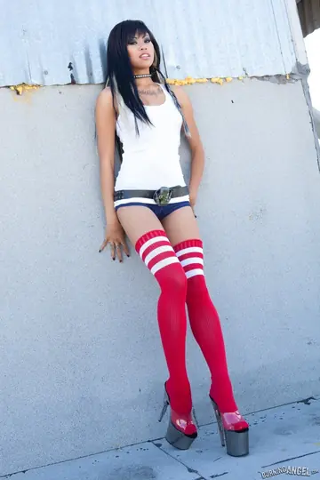 Krissie Dee – Asian Brunette Fingers Her Shaved Pussy in Heels and Socks