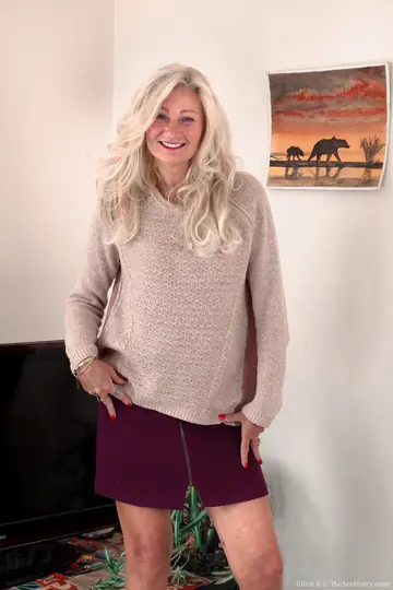 Hairy Mature Blonde Pulls Panties Aside and Spreads Her Legs in Heels