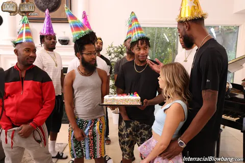 Coco Lovelock: Thick Blonde in a Skirt Takes a Facial in Interracial Group Sex – photo 8 of 20