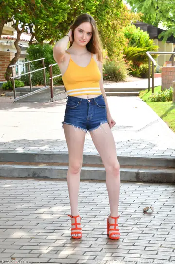Busty Brunette in Shorts Flashes Her Tits and Spreads Her Pussy Publicly