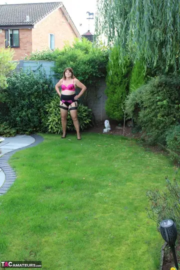 Curvy Mature Woman in Lingerie Pulls Panties Aside and Fingers Outdoors