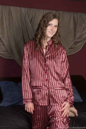 Slim Pale Brunette Strips and Spreads Her Hairy Pussy