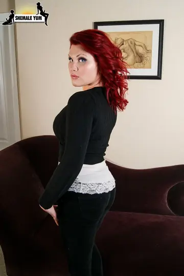 Curvy Redhead Trans Woman Strips Nude and Poses