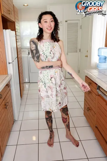 Tattooed Trans Woman Masturbates in the Kitchen
