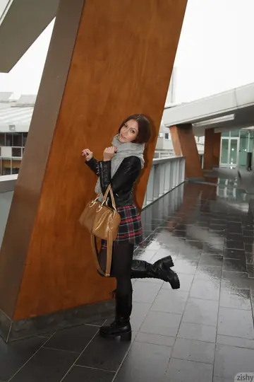 Petite Brunette Undresses in Pantyhose and Boots to Show Her Pierced Pussy