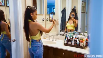 Eden West – Ebony Brunette in Jeans Gets Fucked Doggy Style and Swallows Cum