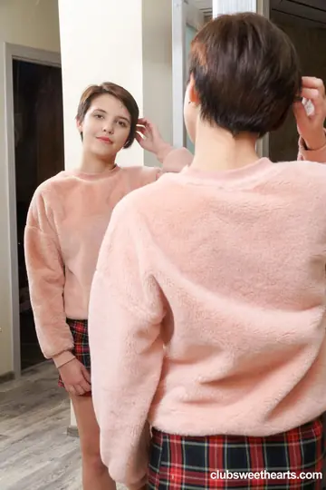 Short-Haired Brunette PAWG in Panties and Socks Spreads Her Bald Pussy