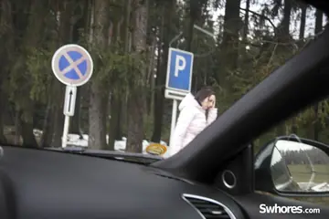 Short-Haired Brunette in Pantyhose Gives a Blowjob and Takes Anal in the Car