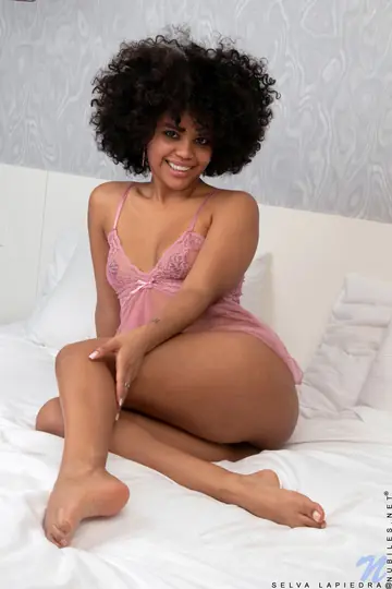 Selva Lapiedra – Petite Curly Ebony Brunette Fingers and Rides a Dildo Solo