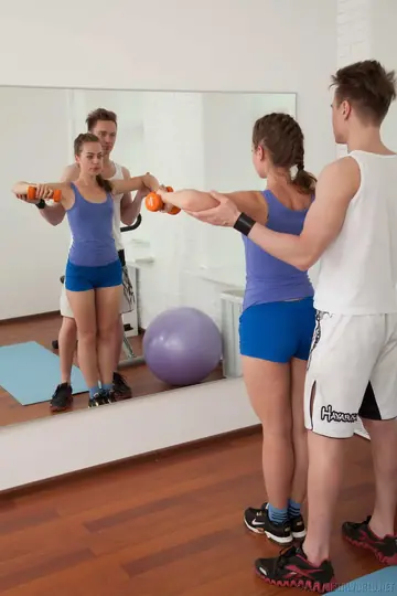 Woman Gives a Handjob and Takes Anal on Yoga Mat in the Gym with Sneakers