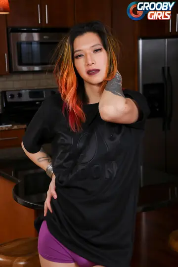 Asian Trans Woman Strips Nude and Displays Her Hairy Bush