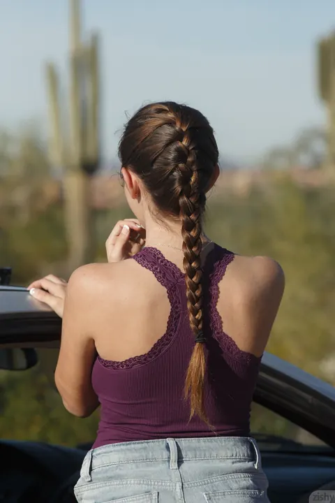 Rochelle Safford: Petite Brunette Flashes Her Tight Ass Outdoors by a Car – photo 1 of 11
