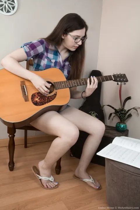 Ember Stone: Thick Redhead in Glasses Pulls Shorts Aside to Reveal Her Hairy Bush – photo 2 of 17