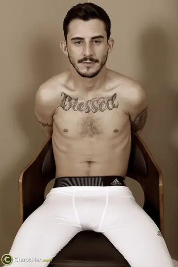 Bound Blindfolded Brunette Guy Gets a Blowjob and Gay Cumshot