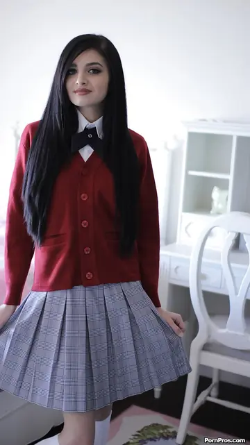 Zoey Kush – Brunette in Uniform and Socks Undresses and Spreads Her Pussy