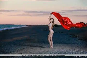 Tall Slim Brunette Spreads on the Beach at Sunset