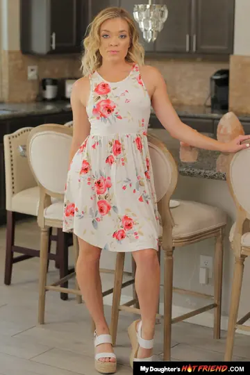 Katie Kush – Petite Blonde Rides Cock in the Kitchen in a Dress and Heels