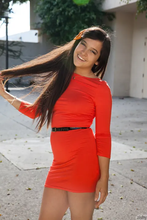 Caroline Ray: Latina Brunette in a Red Dress and Glasses Seduces Her Man – photo 7 of 11