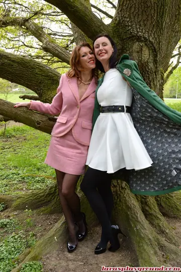 Two Curvy MILFs Peel Down to Stockings and Eat Pussy Outdoors