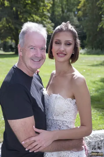 Skinny Brunette Fucks an Old Man Outdoors