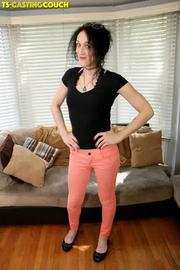 Trans Woman with Small Tits Strips Nude and Poses on the Sofa