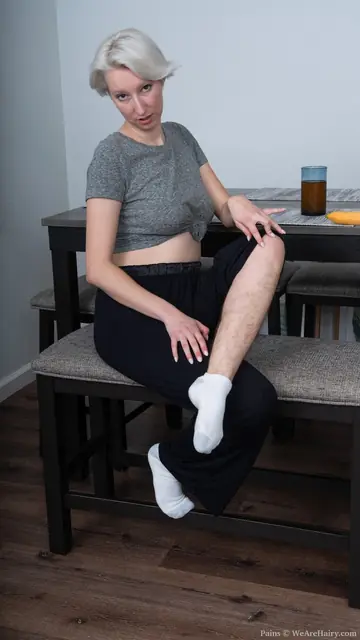 Busty Blonde PAWG Toys Her Hairy Pussy with Banana in Panties and Socks