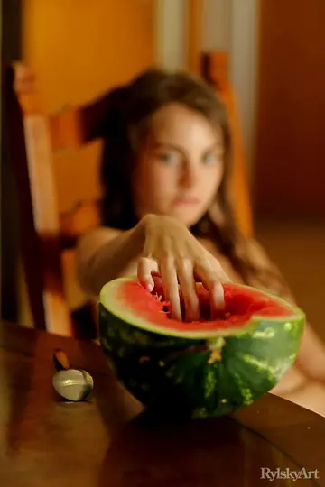 Sofy Bee – European Brunette Eats Watermelon Nude with Tattoos and Hairy Bush