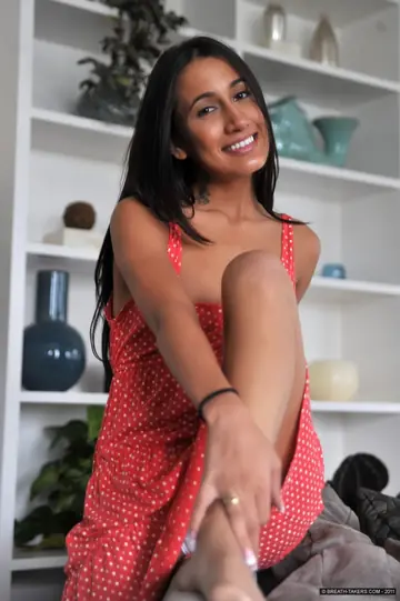 Amia Moretti – Skinny Brunette Pushes Skirt Down and Fingers Her Shaved Pussy