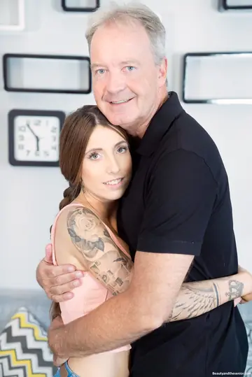 Tattooed Woman Sucks and Fucks Grey-Haired Man Outdoors