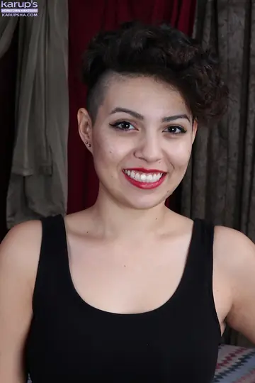 Natalie Odom – Busty Short-Haired Brunette Spreads Her Hairy Bush in a Skirt