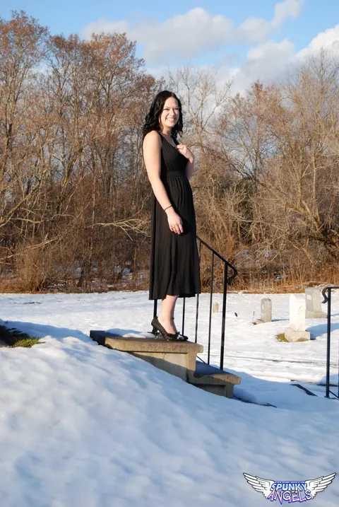 Emily Love: Brunette Flashes Her Natural Tits in a Winter Graveyard – photo 6 of 12