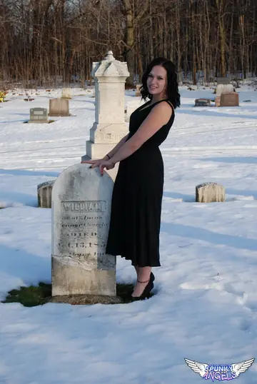 Brunette Flashes Her Natural Tits in a Winter Graveyard