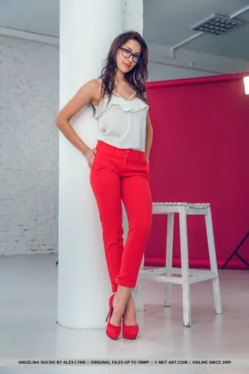 Angelina Socho – Tall Brunette Strips Out of Her Panties in Heels and Glasses