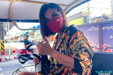 Thick Asian Babe with a Tattoo Sucks Cock Outdoors by a Car