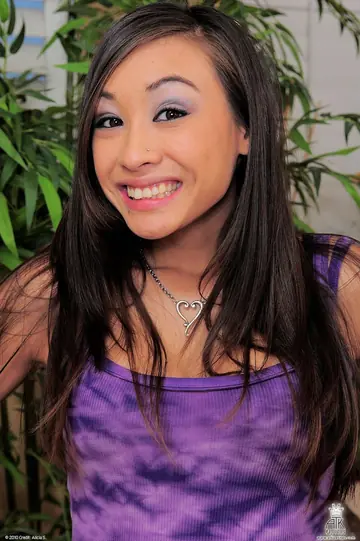 Ariel Rose – Petite Asian Brunette in Stockings and Shorts Spreads Her Pussy