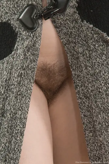 Brunette in Socks Strips and Fingers Her Hairy Pussy