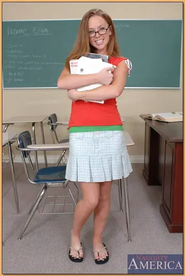Leighlani Red – Redhead in Glasses Strips Out of Her Skirt and Spreads