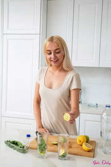 Two Petite European Redheads Strip for Lesbian Sex in the Kitchen