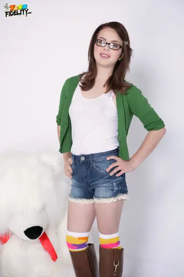 Jennifer Bliss – Skinny Brunette in Glasses Strips Outdoors