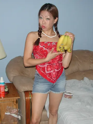 Petite Asian Babe in Heels and Shorts Toys Her Trimmed Pussy in the Bathroom